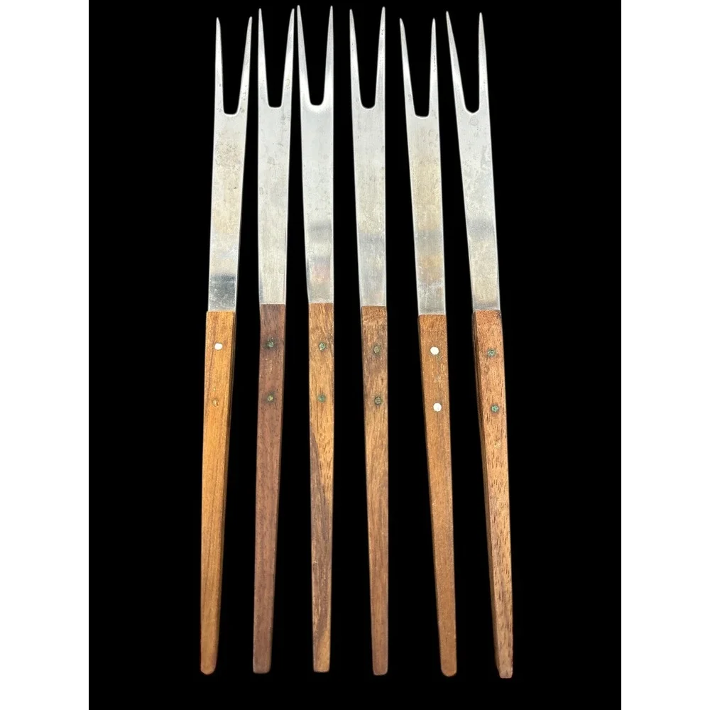 12 Vintage Stainless Steel Wood Handle Fondue‎ Forks Japan Retro 2 Tines